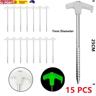 $17.99 • Buy 15x Heavy Duty Steel Screw Hiking Camping Tent Pegs With Glow In The Dark Head