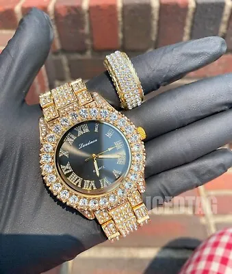 Men Hip Hop Iced Luxury Gold Pt Lab Diamond King Bling Out Watch & Icy Ring Set • $37.99