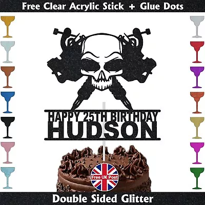 Personlise Crossed Tattoo Machines Skull Cake Topper Any Age Any Name Cake Decor • £2.89