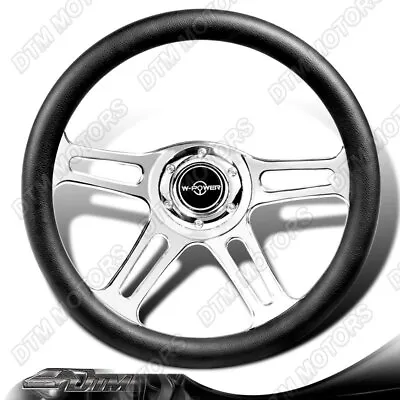 W-Power 350MM 14  BLK Leather Grip 6-Hole Chrome 4-Spoke Vintage Steering Wheel • $99.99