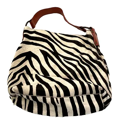 MAURIZIO TAIUTI Zebra Print Cowhide Fur Genuine Leather Handbag Red Strap Italy • $26.66