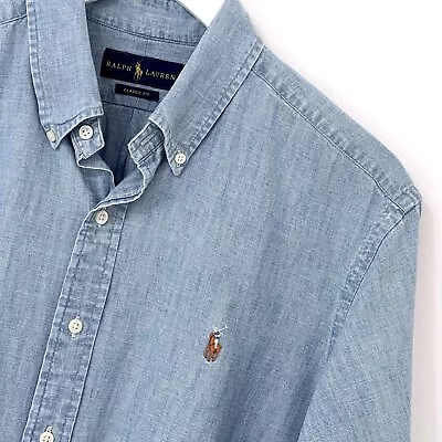 Mens Ralph Lauren Blue Denim Classic Fit Long Sleeve Shirt Size L Large • £16