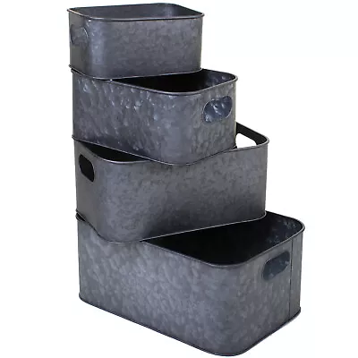 Galvanised Metal Storage Tray Carry Handles Home Office Kitchen Organiser Basket • £5.99