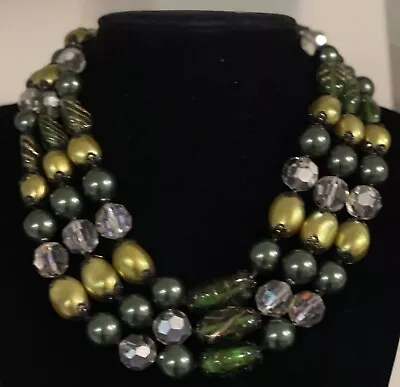 VENDOME Vintage Necklace Green Art Glass Bead Enamel Rhinestone Triple Strand • $55