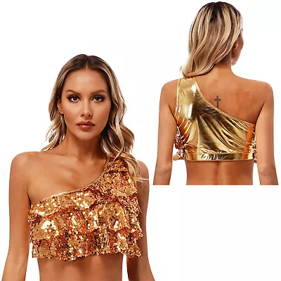 Women T-Shirt Nightclub Halter Sequins Crop Top Lace-Up Bra Sleeveless Blouse • £17.99