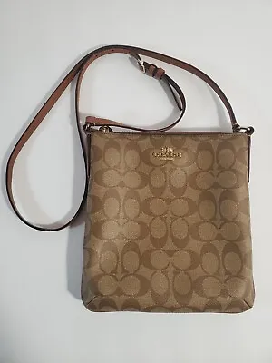 Coach Swingpack Tan/Brown Logo Leather Crossbody Messenger Bag Purse • $49.99