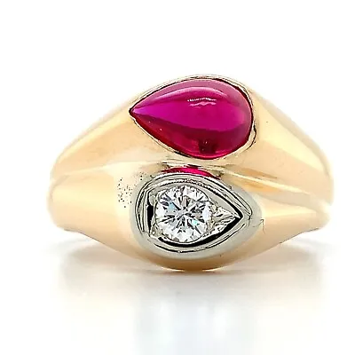 Vintage Men's 14k Yellow Gold Pear Synthetic Red Ruby & Round Cut Diamond Ring • $695