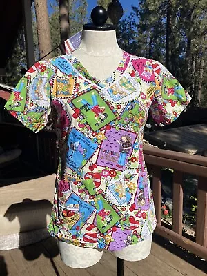 Mary Engelbreit Womens Scrub Top Size XS Medical Pockets Short Sleeve Nurse Vet • $10