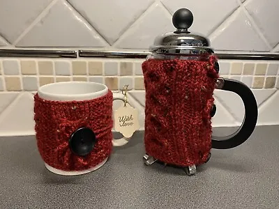 Hand Knitted Burgundy Fleck Cafetiere Cosy & Mug Cosy Set With Black Buttons • £5.49