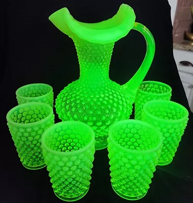 Vtg Fenton Levay Topaz Yellow Opalescent Hobnail Pitcher & Tumblers Set Uranium • $1100