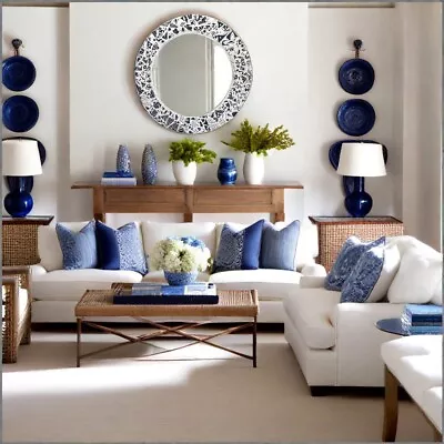 Mosaic Wall Mirror With Blue Encaustic -  Round Mirror For Stylish Home • $335