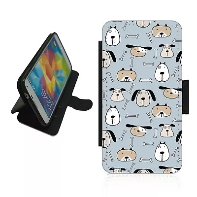 Dog Pattern Phone Case Wallet Flip Cover Novelty Fun Picture DOG2 And Bones • £13.99