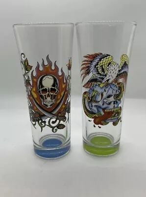 Ed Hardy Y2K Glasswear Tattoo Print 6  Tall 14 Oz Set Of 2 Drink Skull Dragon • $9.99