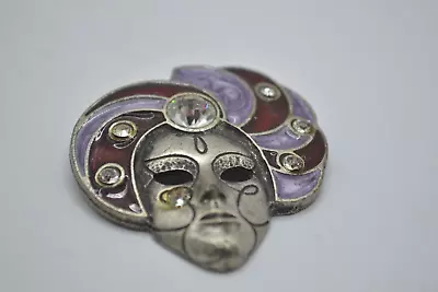 Vintage 1980s Venice Mardi Gras Masquerade Face Mask Brooch Enamel Rhinestones • £13.99