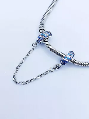 💖 Pink & Blue Sparkly Safety Chain Spacer Charm Genuine 925 Sterling Silver 💖 • £22.95