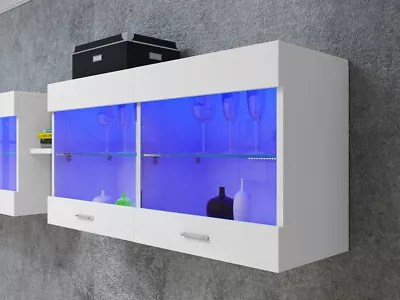 LED Wall Mounted Cabinet Display Unit Glass Shelves Cupboard Storage Kitchen UK • £79.99