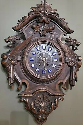 £1952.01 • Buy ANTIQUE FRENCH BLACK FOREST CARVED OAK 29x19 PARLOR CLOCK WINGED GARGOYLES *read