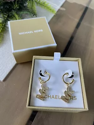 Michael Kors Gold-tone Heritage MK Logo Dangle Earrings W MK Logo Crystals • $55.99