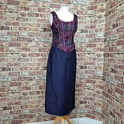 Katerina Silk Midi Dress Blue UK 10 Pink Gold Embroidery 100% Silk Corset Pencil • £30