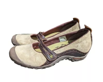 Merrell Plaza Bandeau Mary Jane Shoes Womens Size 9.5 Dark Taupe Suede Leather • $18