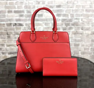 KATE SPADE MADISON LEATHER MEDIUM SATCHEL CROSSBODY SHOULDER BAG WALLET SET Red • $169