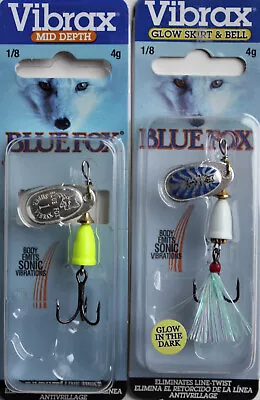 2 - BLUE FOX Vibrax Spinning Lures #1  1/8 Oz. Silver/Flor. Yel. And Glow Blue • $15.95
