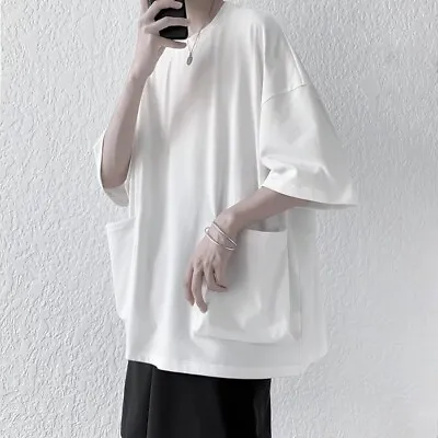 Men Big Pocket T Shirt Loose Oversized Raglan Half Sleeve Tee Tops Harajuku • £18.64