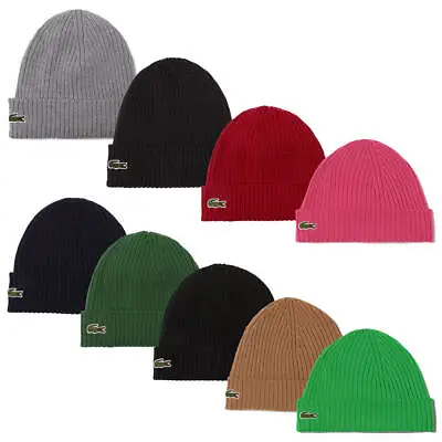 Lacoste Unisex 2024 Ribbed Natural Wool Green Crocodile Beanie Hat 31% OFF RRP • £30.99