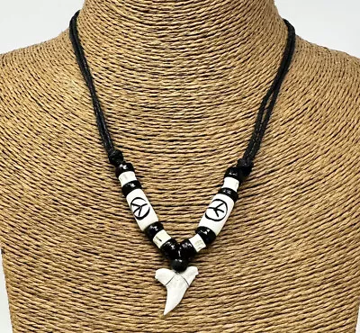 Fossil Shark Tooth Pendant Surfer Necklace For Men | Wood Beads • $15.95