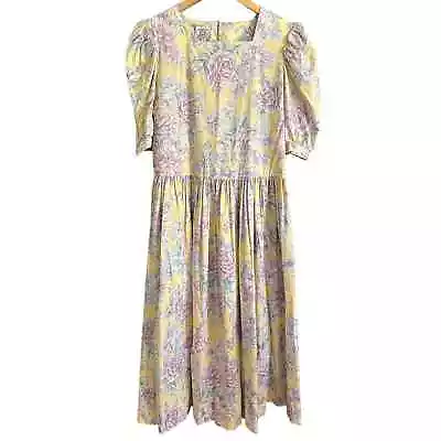 LAURA ASHLEY | 80s Vintage Prairie Style Butter Yellow Floral Midi Dress  Size 8 • $84