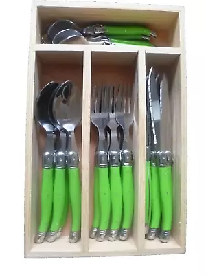 24 Piece Laguiole Bee Design Green Cutlery Set - Classy Design In A Wooden Box • £43.75