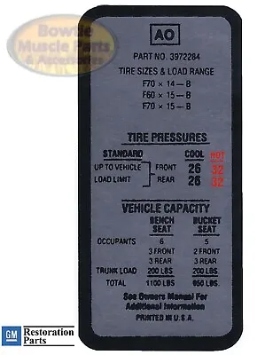 69 70 Impala Chevelle Camaro Tire Pressure Decal F70 X 14  F70 X 15 3972284 Ao • $11.95