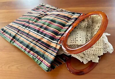 Vintage Knitting Sewing Bag  Lady's Pride  Striped Satin Plastic Handles • $6.50