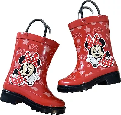 Disney Minnie Mouse Red Rubber Rain Boots Pull On With Handles Kids Girls Size 4 • $26