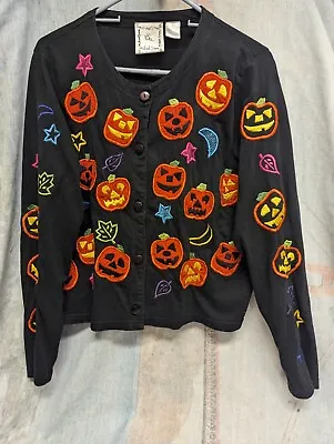Michael Simon Women’s Halloween Cotton  Cardigan Pumpkins Moons Black Size Large • $34