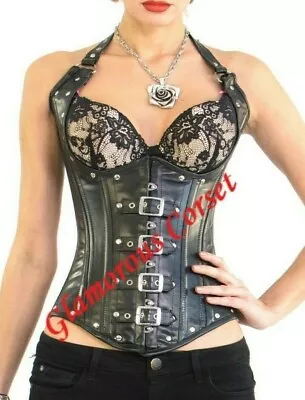 £144.15 • Buy Cupless Corset Leather Steel Boned Fetish Underbust W/ Halter Sizes 18-40 