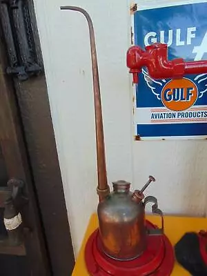 ANTIQUE OLD VINTAGE LONG NECK OILER CAN 19 /4  Tall Copper Tone Metal • $45