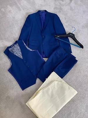 Slaters 165 Slim Fit Blue 3 Piece Suit - Jacket & Waistcoat 36R Trousers 30R • £20