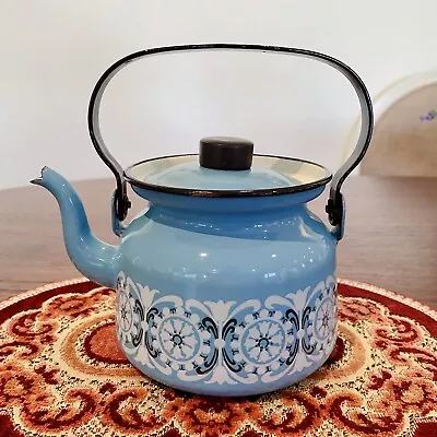 Vintage Arabia Finland Enamel Sky Blue Tulips Pattern Teapot Kettle C1960 VGC • $108