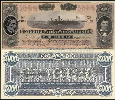 Confederate $5000 Fantasy Art Banknote 1864/2011; Css Virginia Davis Stephens! • $9.99