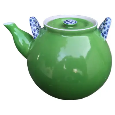 Unusual Japanese Green Porcelain Teapot With Blue & White Polka Dots Japan • $99.99