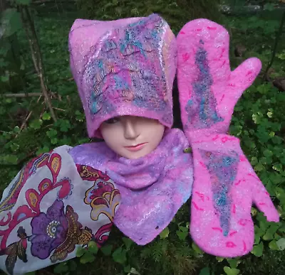 Womens Felted Set Of Hats Beanie Scarf Mittens.pink Felted Set.Christmas Gift • $185