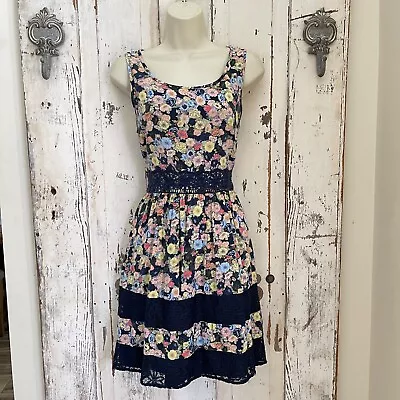 Lauren Conrad Sz 4 Woman's Blue Pink Yellow Green Floral Crochet Lace Trim Dress • $22.99