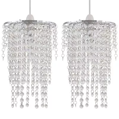 Set Of 2 Clear Acrylic Crystal Waterfall Easy Fit Ceiling Light Shade Pendants • £21.99