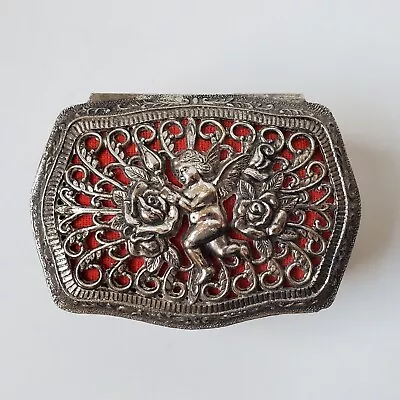 Vintage Cherub Rose Hinged Jewelry Trinket Box Silvertone Red Lining Japan • $19.95