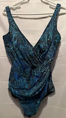 Miraclesuit Multicolor Paisley One Piece Built In Bra Swimsuit Size 16 Blue EUC • $34.98