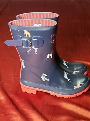 Joules Mid Rain Boots Molly Welly Navy Dogs Print Size US 7 / EU 38 EUC • $39.95