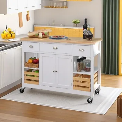 47  Mobile Kitchen Cart On Wheels With Open Shelves Rolling Kitchen Island White • $269.99