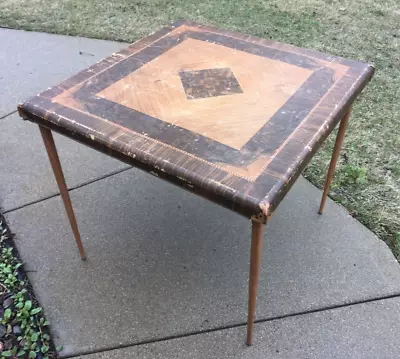 **Vintage MCM DURHAM FOLDING CARD TABLE MARQUETRY LOOK TOP USA 30  X 30  LABEL • $84.49