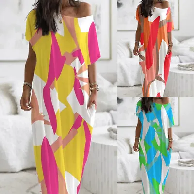 Women Print Kaftan One Shoulder Maxi Dress Beach Holiday Baggy Long Sundress UK • £13.59